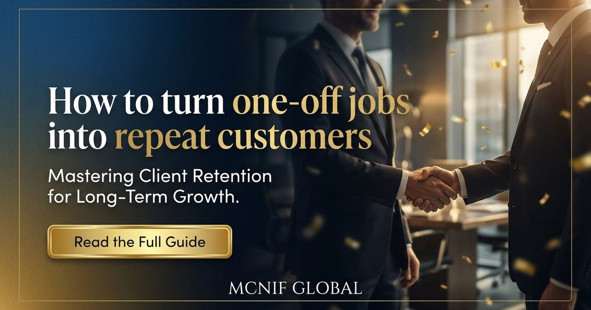 Business owner shaking hands with a returning customer — turning one-off jobs into repeat business